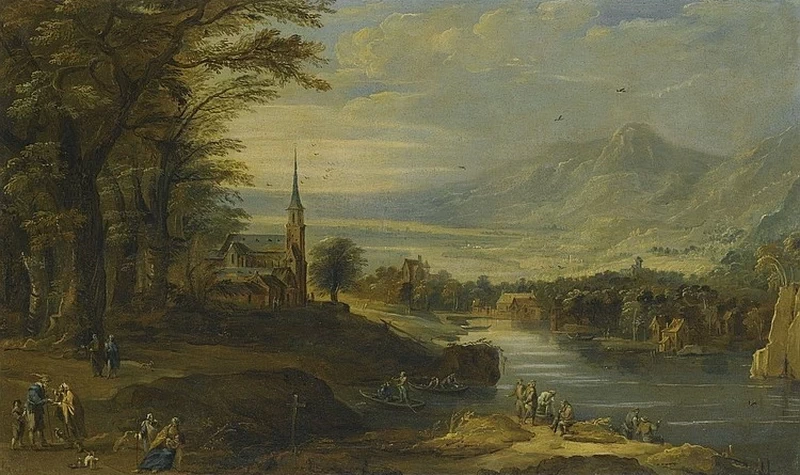 Paesaggio con pescatori sulle rive del fiume